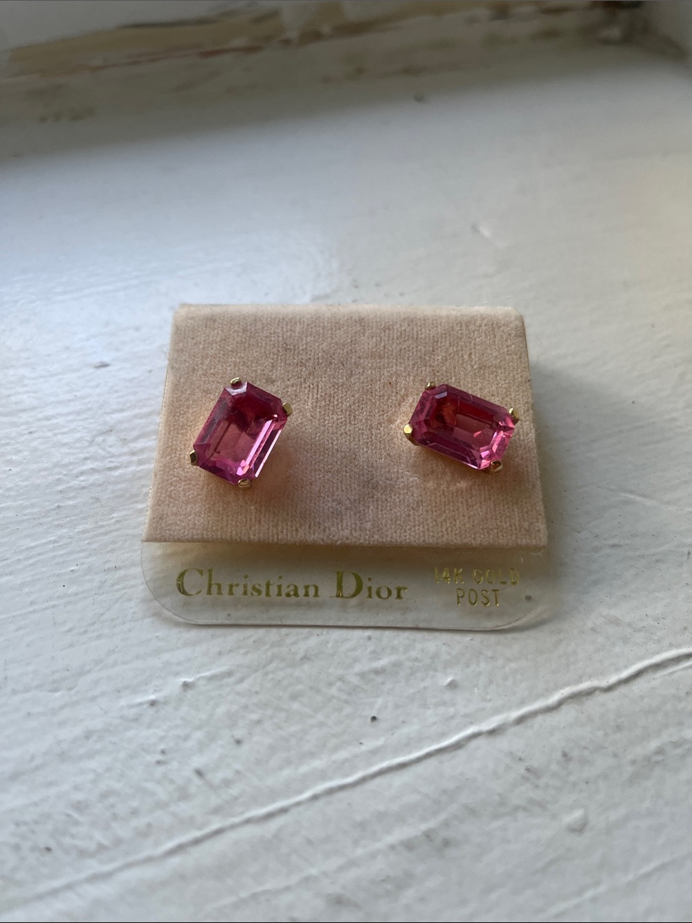 Christian Dior 14K Gold-Prong Hot Pink Emerald-Cut Stud Earrings Vintage - Picture 4 of 4